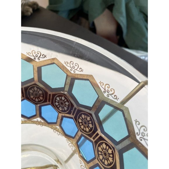 MCM Glass Salad Bowl With Wood & Metal Stand Aqua Blue & Gold Trim - Picture 7 of 12